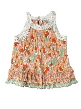 Cato Sleeveless Floral Crochet Yoke Tank Peach, Orange, Green sz L